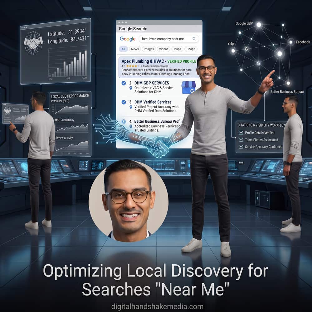 An overview of local discovery for a near-me search: a Google result for best hvac company near me, a citation network across Google, Yelp, Facebook and the Better Business Bureau, and a citations and visibility checklist.