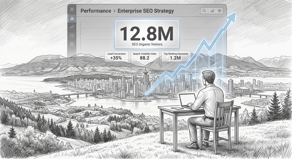 A sketch of a person at a laptop on a hilltop above the Vancouver skyline, with a rising search-performance dashboard behind them.