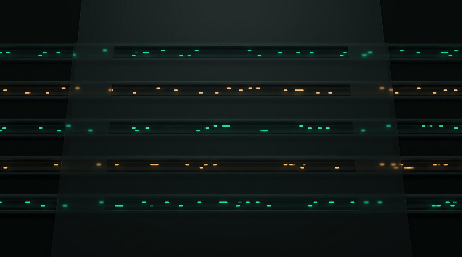 Rows of glowing structured data lines viewed at an angle, standing in for search architecture built before a word of copy gets written.