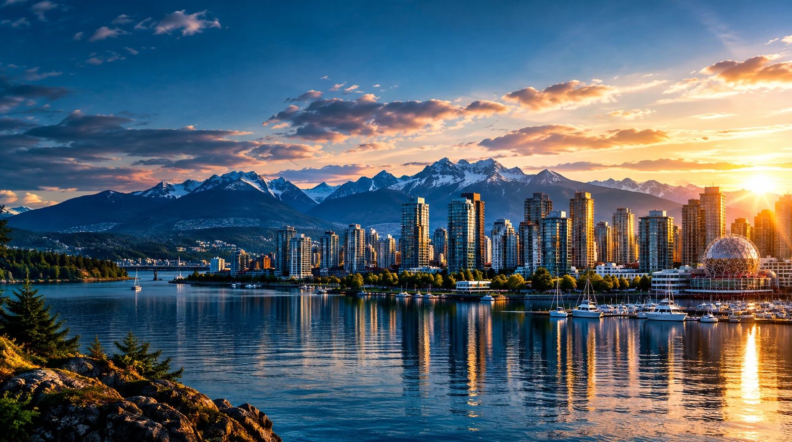 Vancouver skyline at sunset, downtown towers reflected in the harbour with the North Shore mountains behind.